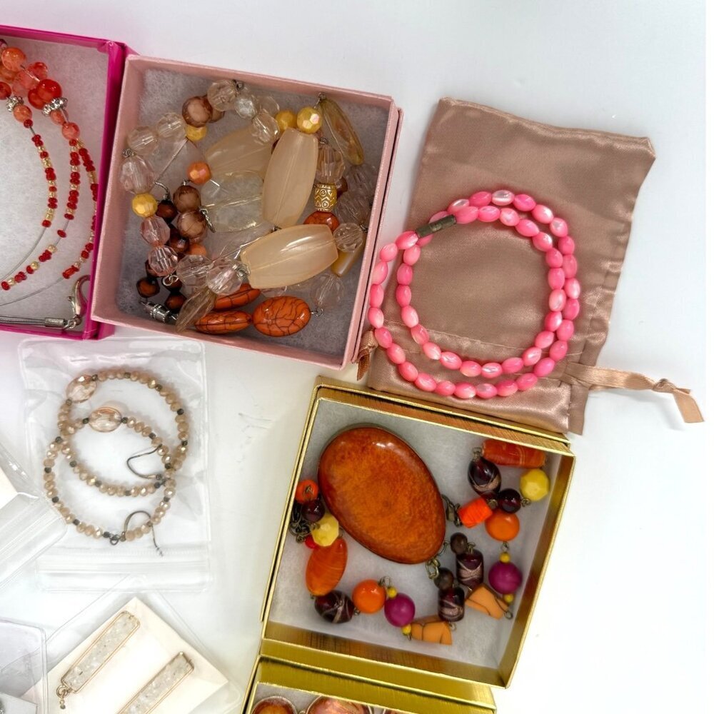 Jewelry Mixed Lot Wearable Earrings Necklace Bracelet Orange Pink Tone Boho - Picture 10 of 16